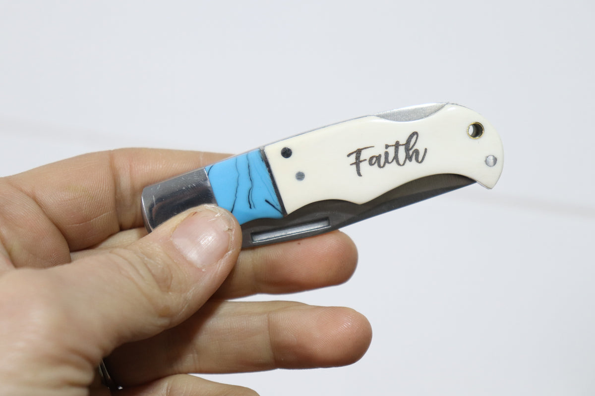 Engraved Bone Handled Knife with Teal Accent