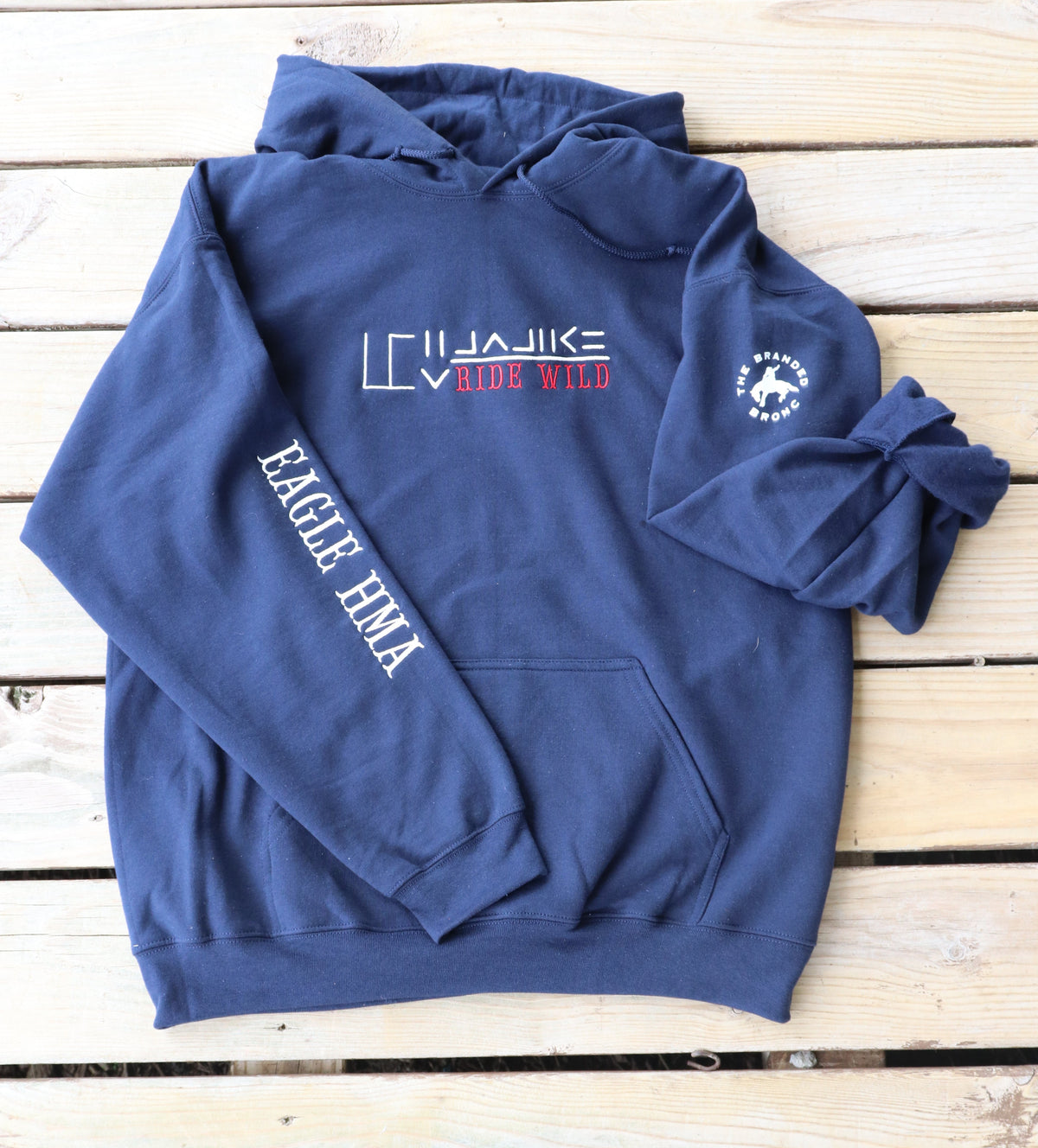 Blue Hoodie with wild horse HMA and RIDE WILD embroidered design The Branded Bronc